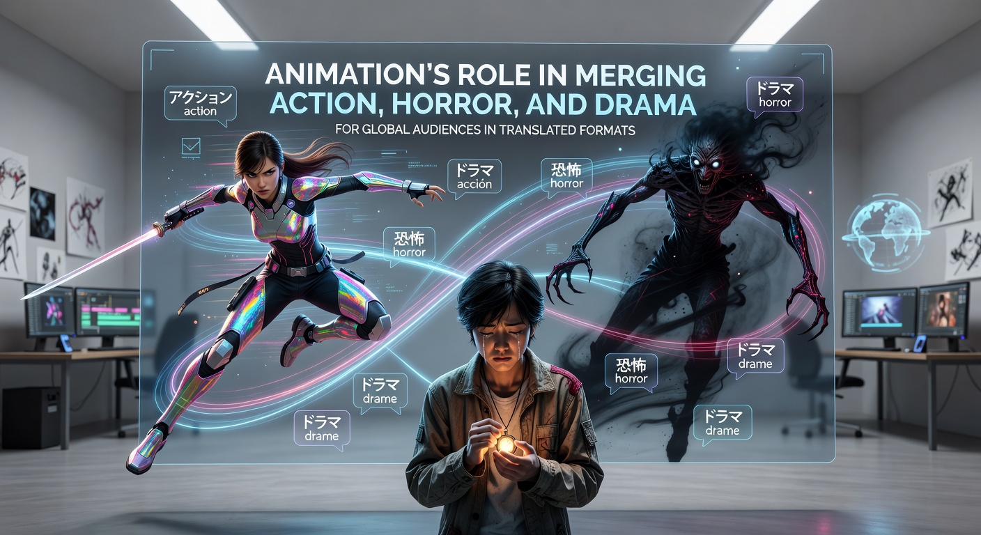 Global distribution map overlay showing animation titles reaching diverse audiences through dubbed and subtitled versions that merge multiple genres