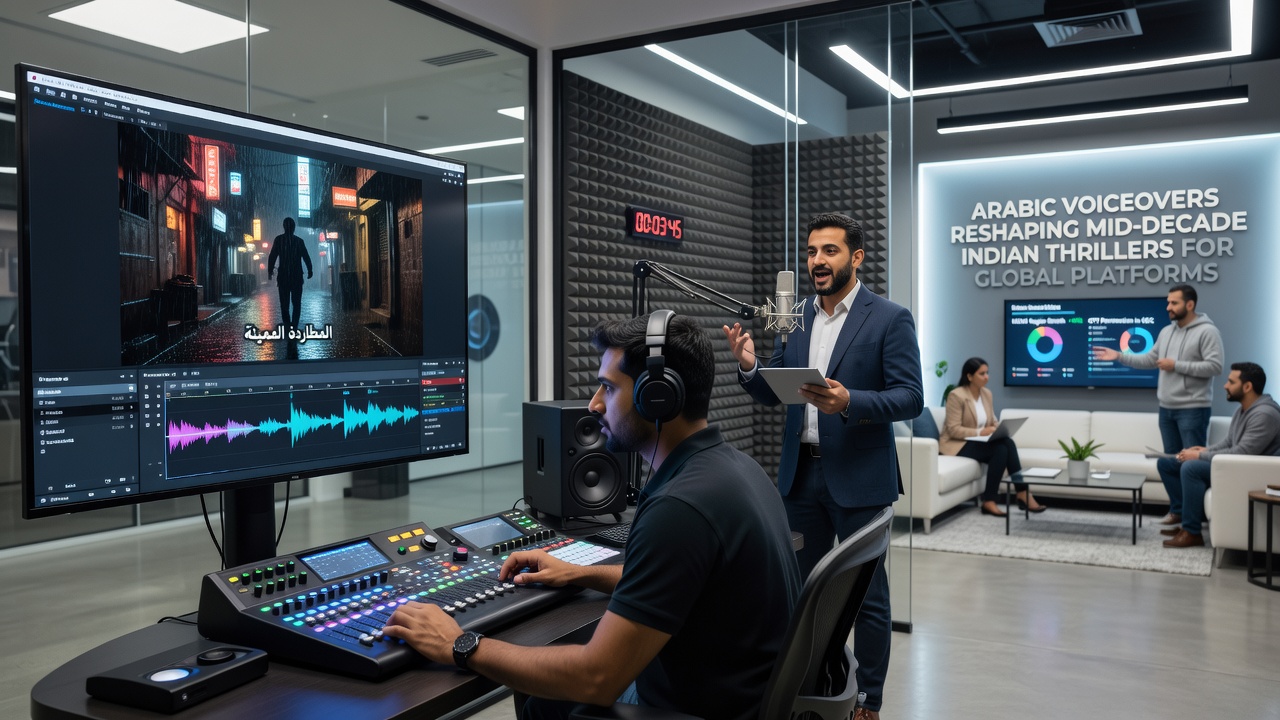 Post-production team reviewing Arabic dubbed scenes from a 2018 Indian thriller