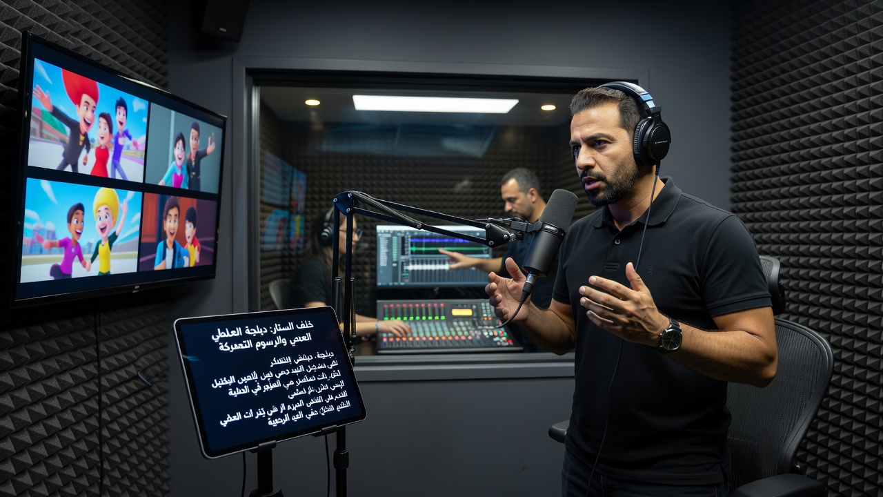 Voice actors performing dubbing session for an animated feature in a professional studio