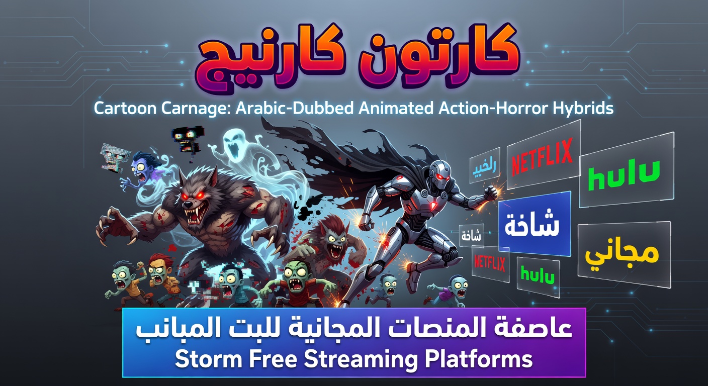 Intense close-up of animated horror-action sequence showing clashing warriors and grotesque creatures, with Arabic subtitles and dubbing menu highlighted on a free streaming player