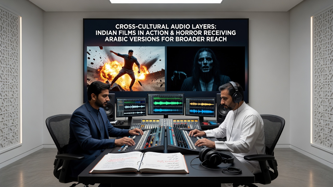 Audio engineers working on Arabic dubbing for Indian cinema