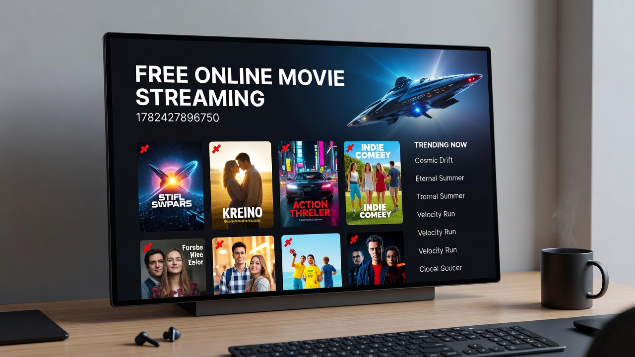 Close-up view of a streaming device interface displaying free movie categories and search functions