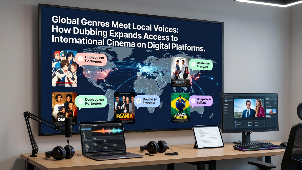 Voice actors recording localized dialogue for international films distributed on streaming services
