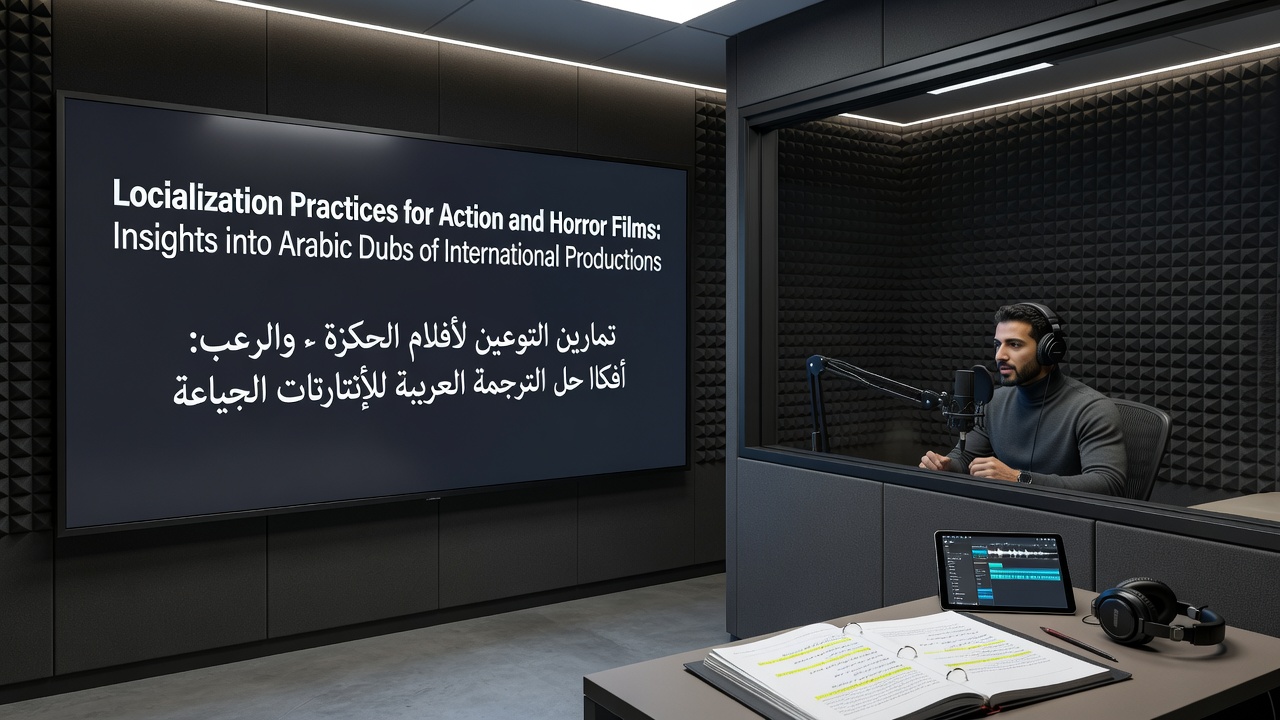 Voice actors recording Arabic dialogue for a horror film scene in a professional studio environment