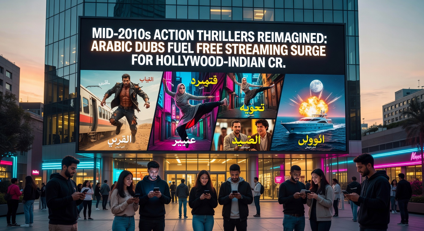 Collage of mid-2010s action stars from Hollywood and India, with Arabic subtitle overlays and streaming platform icons